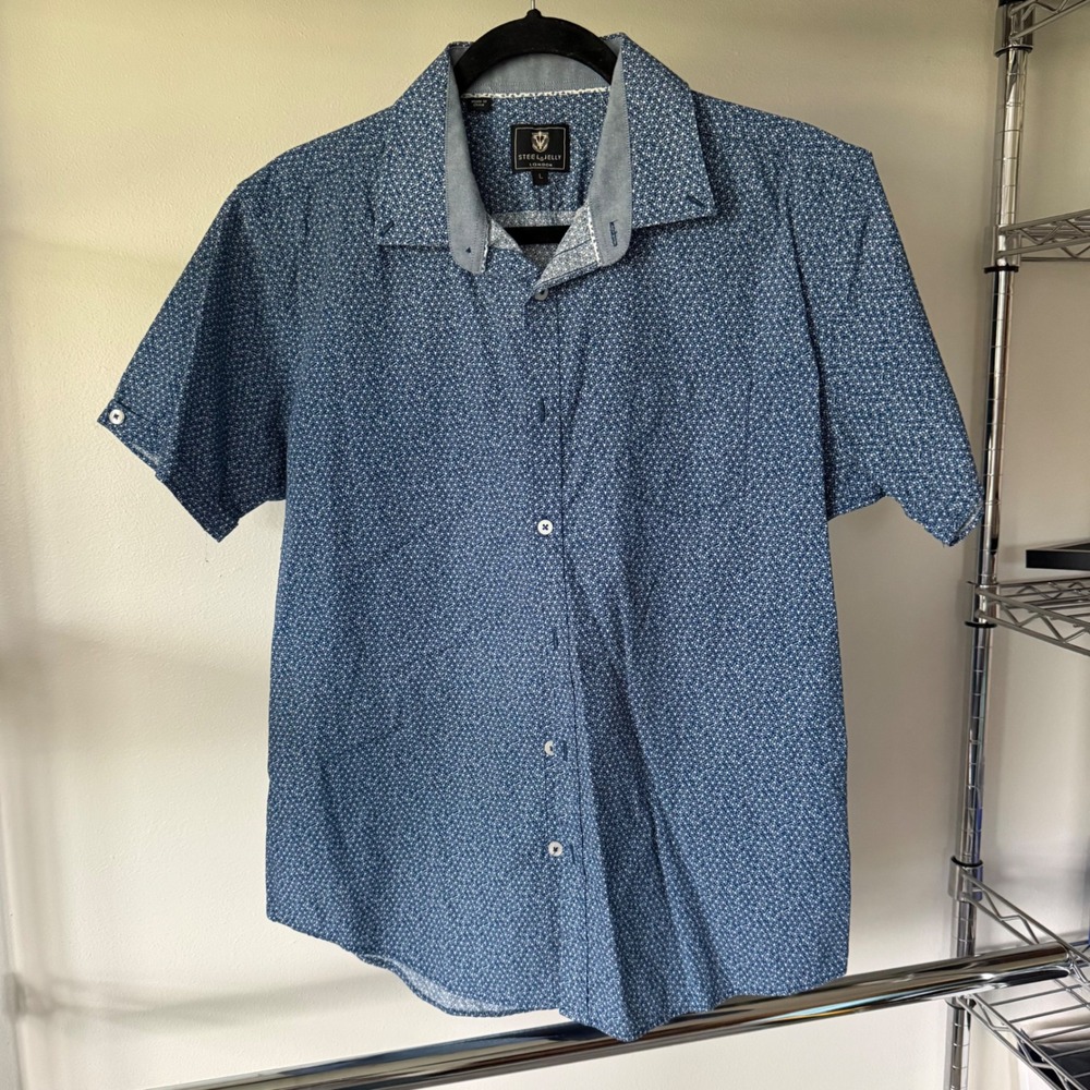 Steel & Jelly London Mens Large Blue Geometric Floral Short Sleeve Button Down